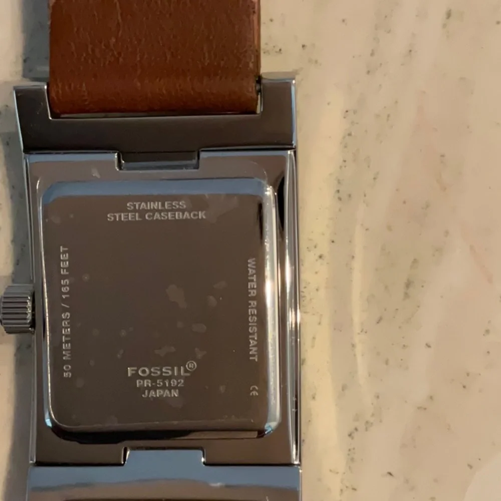Fossil Watch Rectangle Leather Strap Water Resistant Silver Date New